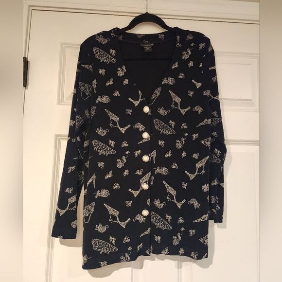 Morgan Cole Super Stretchy Black And White Heel Print Button Up S - Picture 1 of 4